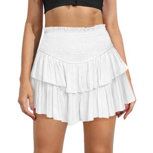 Women's Cute High Waist Ruffle Mini Skirt Layered Ruffle Hem Flared Flowy Casual Swing Beach Mini Short Skirt (White) Small