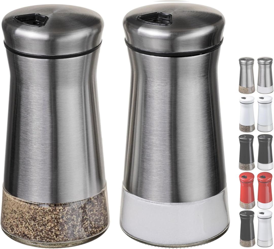Salt and Pepper Shakers Set with Adjustable Pour Holes by CHEFVANTAGE - Stainless Steel