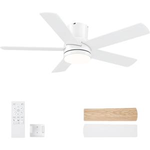 42 Inch White Ceiling Fan with Light, Flush Mount and Remote Control, Dimmable 3-Color Temperature LED, 6-Speed Reversible DC Motor, 5-Blade Modern Design for Indoor or Outdoor