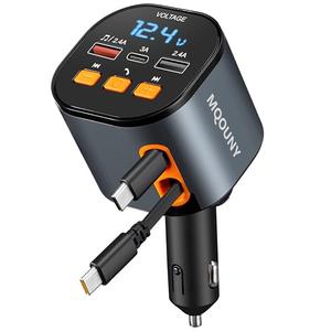 Retractable Car Charger,5 in 1 Fast Car Phone Charger 90W,Bluetooth 5.3 FM Transmitter Adapter,Handsfree Call,2 Retractable USB-C Cables and USB Cars Chargers for iPhone 16/15/14/13/12/11,Galaxy,Pixel