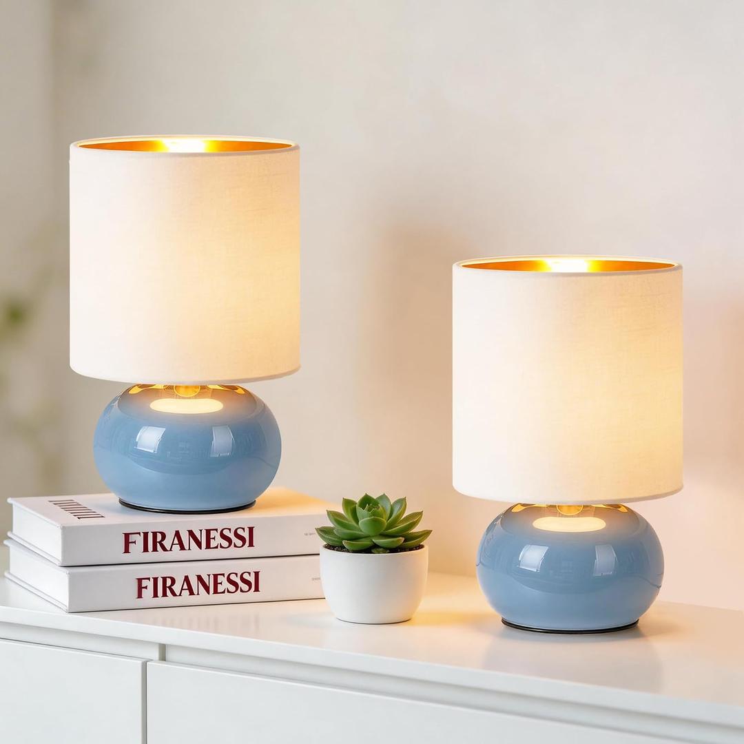 Hamucd Ceramic Table Lamps Set of 2 for Ambient Lighting, Modern Classic Bedside Lamps for Nightstand with Cozy Atmosphere, Small Table Lamp for Bedroom Living Room Desk End Table(Blue)