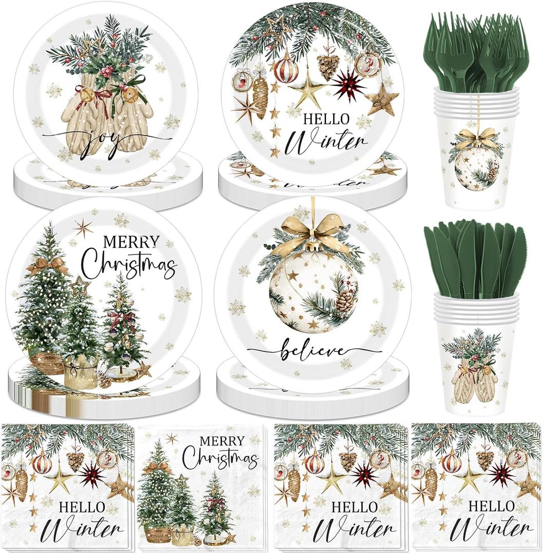 144Pcs Merry Christmas Paper Plates and Napkins -Snowflake Christmas Tree Bell Dinnerware Set for Hello Winter Holiday Xmas Party Supplies