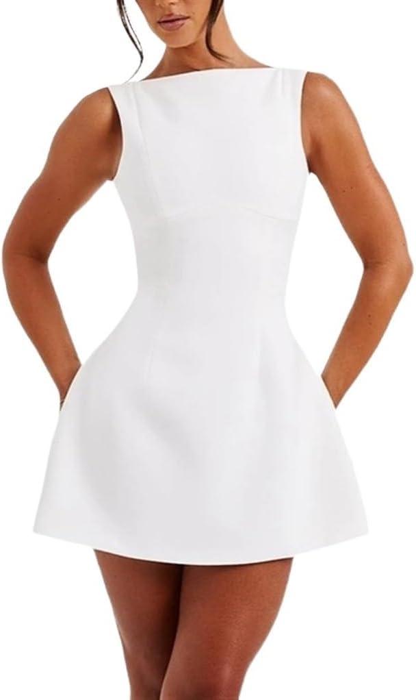 Women's Sexy Sleeveless Boat Neck A-Line Backless Mini Dress Formal Graduation Wedding Club Party Short Dresses, M
