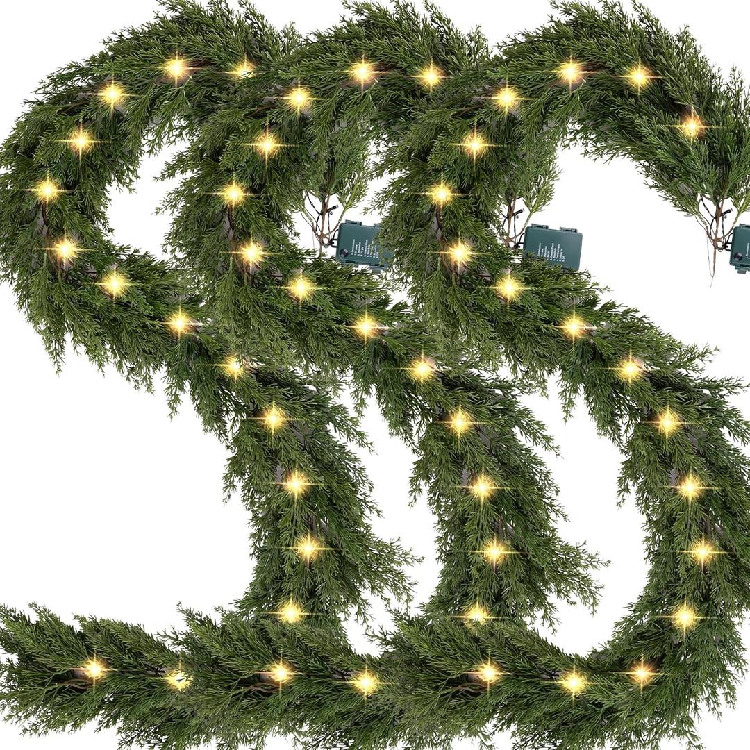 6.2 FT Prelit Christmas Cedar Garland 3 PCS, Realistic Artificial Pine Needle Faux Cypress Greenery with 20 Lights for Christmas Table Mantle Wall Room Outdoor Indoor Winter Decoration