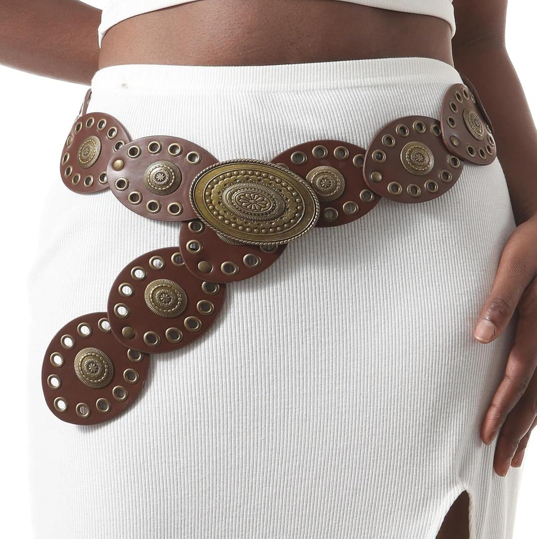 Western Belts for Women, Vintage Leather Belts Boho Waist Belts Concho for Dress Jeans Country Concert Outfit (Brown 2)