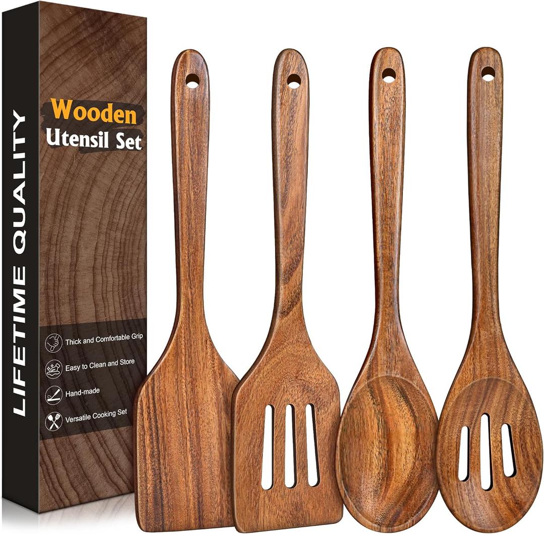 4Pcs Wooden Spatula for Cooking, Acacia Wooden Spatula for Kitchen Use, Nonstick Cookware Safe Utensils Set for Cooking, Mixing, Serving, Draining, Ideal Cooking Utensils Gift