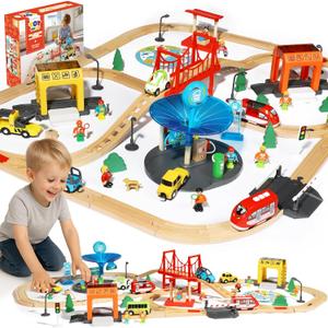 TOY Life Wooden Train Set for Toddlers 2-4, 119PCS City Train Toys with Wooden Train Track, Electric Train Set for Kids 4-8, Toddler Toys for 3 4 5 6 Year Old Boys Girls, Compatible with Major Brand