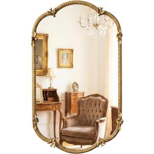 Antique Gold Scalloped Oval Wall Mirror, 20"x32" Beaded Metal Frame Capsule Mirror, Vintage Vanity Mirror for Bathroom, Bedroom, Living Room, Entryway, Fireplace Mantel