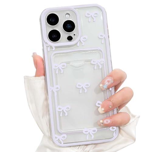 NITITOP Compatible with iPhone 15 Pro Max Case with Card Holder Clear Cute Bow Ribbon for Women Girls Colorful Frame Soft TPU Wallet Shockproof Protective Cover - Purple