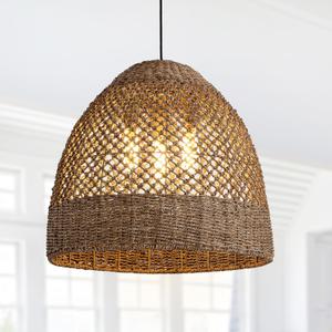 3-Light Rattan Pendant Light Fixture,Seagrass Wicker Chandelier | 17"Ratan Boho Hand Woven, Basket Lights Fixtures,Bamboo Hanging Lamp Farmhouse for Kitchen Living Bedroom Dining Room