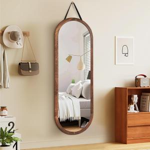 16"x48" Oval Full Length Mirror Solid Wood Wall Mirror with Hanging Strap for Living Room Bathroom Bedroom Entryway - Brown