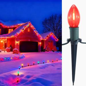 C9 LED Christmas Pathway Lights,2 Pack Total 60 Ft 40 Light Bulbs & Stakes,Connectable Christmas Walkway Lights with Multicolor