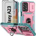 ANOUKE Compatible with Galaxy A23-4G/5G Case,with 3 Pcs Tempered Glass Screen Protector Built in Ring Stand Kickstand + Camera Cover, Hard PC Soft TPU Defender Full Body Protective Case- Pink/Green