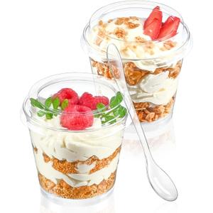 TOFLEN 6 oz Mini Dessert Cups with Lids and Spoons 150 Pcs | Serves 50 | Small Plastic Cake Cups Round Party Serving Cups for Parfait, Appetizers, Mousse, Dessert Shot Glasses
