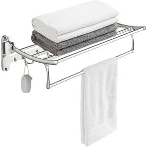 BESy 24 Inch Polished Chrome Towel Racks, Bathroom Towel Shelf with Foldable Towel Bar Holder and Towel Hooks, Wall Mounted Multifunctional Bathroom Accessories, Double Towel Bars
