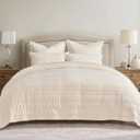 EverGrace Velvet Quilt King Size, Luxury Velvet Bedding Set, Ultra Soft Ruched Quilt Sets, Lightweight Comforter Vintage Textured Bedspread Coverlet with 2 Shams for All Season, Cream White