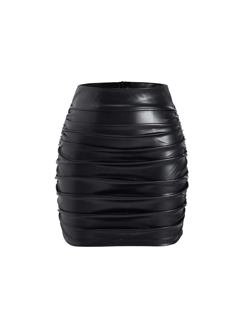 winkbay Women's Sexy Ruched Bodycon Skirt High Waist Solid Color Mini Skirts Party Club Wear Black L (Black, L)