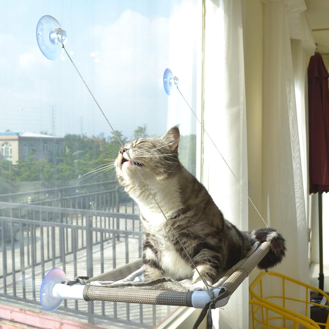 PEFUNY Cat Window Hammock  Mess-Free Waterproof Cats Window Perch for Large Cats, Strong Suction Cup Hammock with Flannel Cover, Indoor Cat Seat, Beige