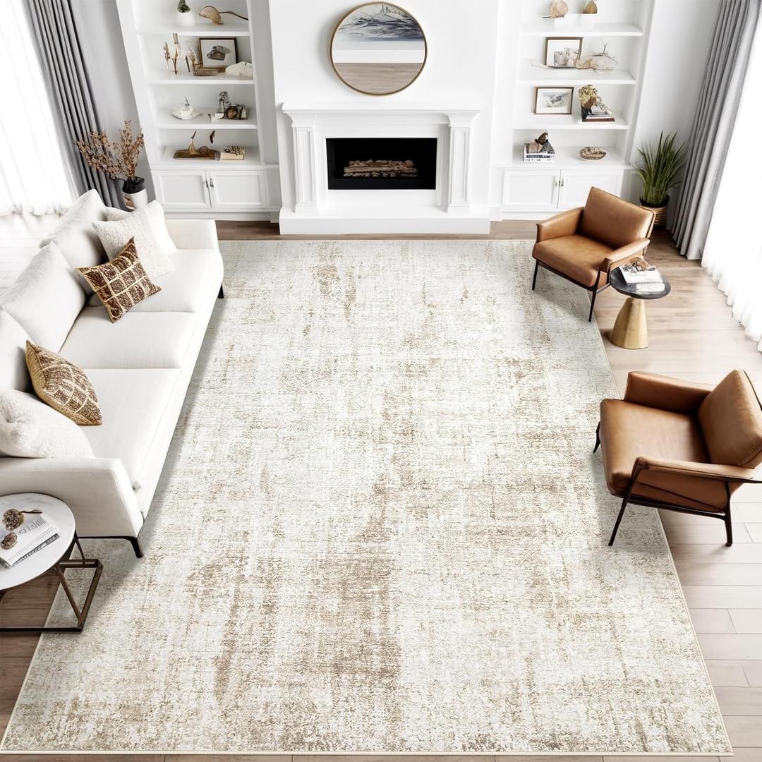 9x12 Area Rug for Living Room: Washable Abstract Soft Rugs Non Slip Modern Stain Resistant Low Pile Carpet for Dining Room Bedroom Nursery Office (Beige, 9'x12')