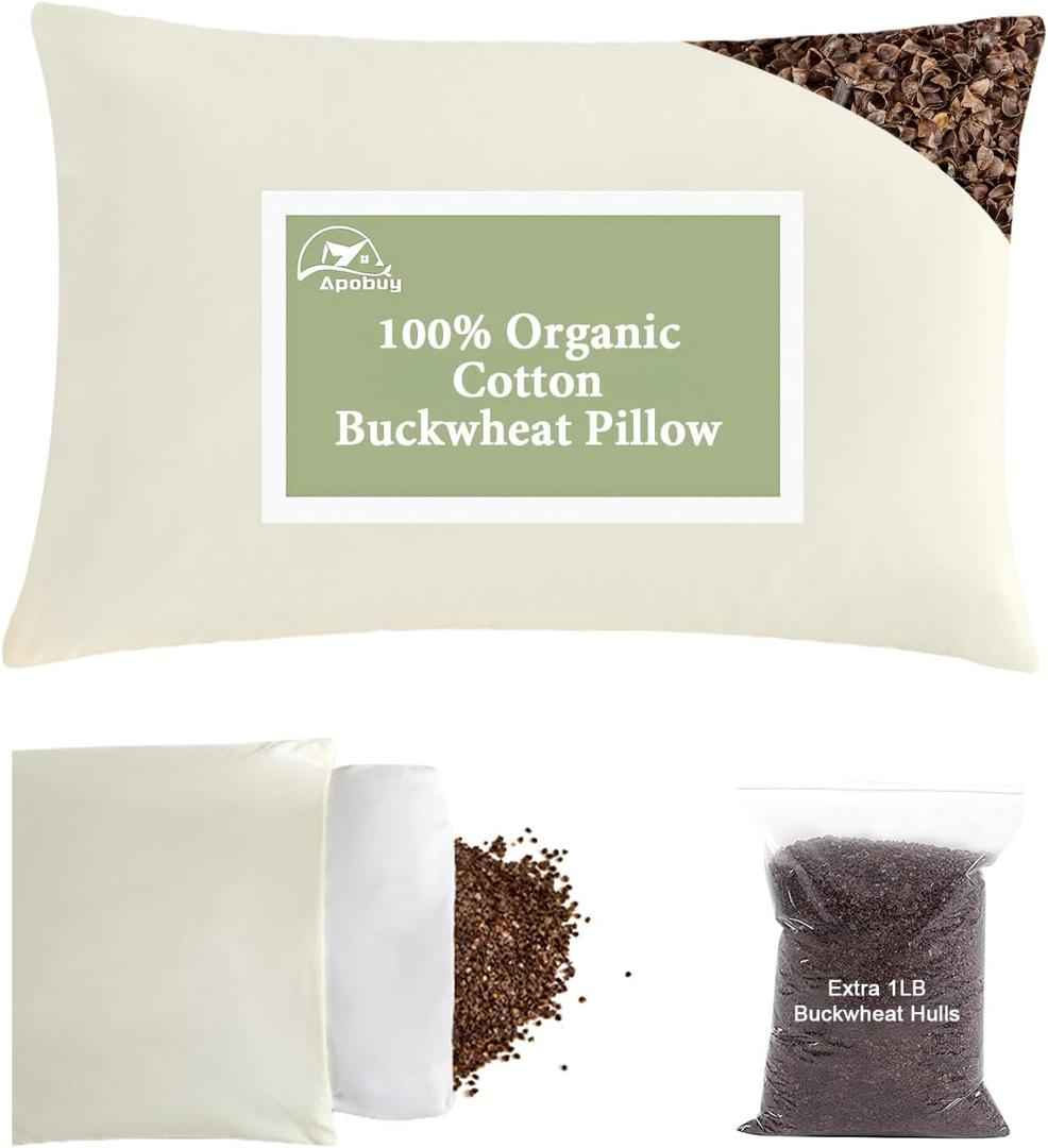 APOBUY Organic Buckwheat Pillow for Sleeping with Dual-Layer Pillowcase and Extra Tartary Buckwheat Hulls, Adjust Height and Firmness, Neck Support Pillow for Back and Side Sleepers 16"x22" (Off-white)