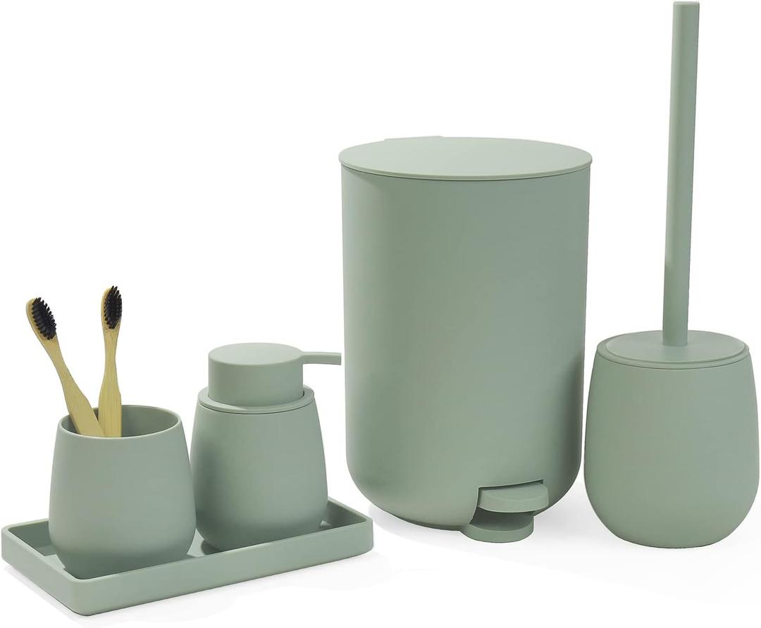 Gahefy Sage Green Bathroom Accessories Set with Small Trash Can 3 Liter/0.8 Gallon,Toothbrush Holder,Soap Dispenser,Vanity Tray,Toilet Brush and Holder Green 5PCS
