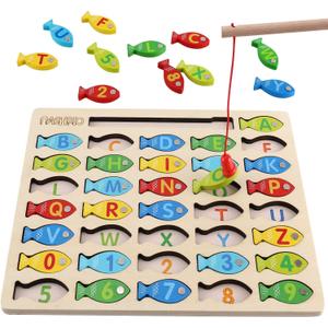 Magnetic Wooden Fishing Game Toy for Toddlers, Alphabet Fish Catching Counting Games Puzzle with Numbers and Letters, Preschool Learning ABC Math Educational Toys 3 4 5 Years Old Girl Boy Kids (Multicolor)