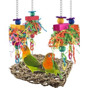 KATUMO Conure Toys, Bird Grass Swing Mat Parrot Climbing Hammock with Colorful Toys for Parakeet, Cockatiel, Sun Conure, Lovebird, Budgie, Small Birds