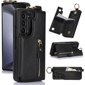 for Samsung Galaxy Z Fold 5 Wallet Case with Zipper and Credit Card Holder, Cash Slot, Premium Leather Magnetic Clasp Kickstand Heavy Duty Ring Protective Cover.(Black)