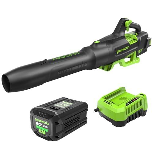Greenworks 80V (700 CFM / 170 MPH) Brushless Cordless Leaf Blower, Commercial-Grade Power, 40-Min Rapid Charger for Wet Leaves, Heavy Debris, Gravel and Driveway Snow, Includes 2.5Ah Battery & Charger