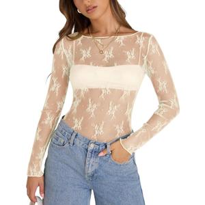 KTILG Womens Y2k Sexy Sheer Lace Long Sleeve Layering Top Embroidered Seamless Mesh Shirt Going Out Tops Creamy XL