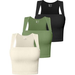 OQQ Women's 3 Piece Tank Tops Strappy Sleeveless Square Neck Stretch Tee Shirts Crop Camis (S)