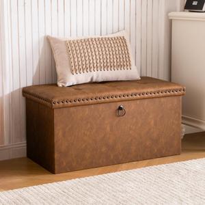 oakvivo 30 Inches Folding Storage Ottoman Bench, PU Leather Tufted End of Bed Bench, Foot Rest with Rivet Design, Ottoman with Storage, Load 330 lb, for Living Room, Bedroom, Entryway, Brown