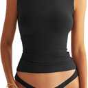 Eachyes Womens Double Lined Racerback Tank Tops Sleeveless High Neck Fitted Basic Shirts Black Large