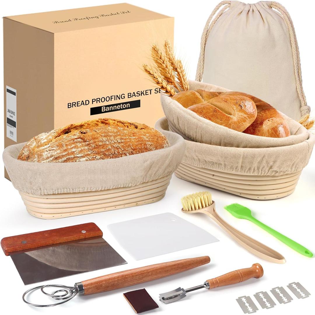 Banneton Bread Proofing Basket Set, 11 Inch Sourdough Proofing Basket and Bread Baking Supplies-Bread Lame, Danish Whisk, Bowl & Dough Scraper, Brush, (Plastic, 9in Oval + 10in Oval+11in)