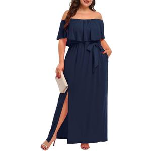 Plus Size Off The Shoulder Maxi Long Casual Beach Dress Pockets Women (Navy Blue), 18 Plus
