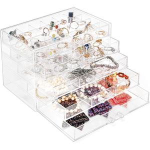 yarlung Acrylic Jewelry Storage Box Earring Holder with 5 Drawers, 61 Grids Jewelry Organizer Tray Clear Ring Display Case for Beads, Nail Tips, Women Girls Gift