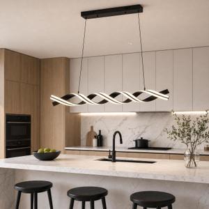 Modern LED Spiral Wave Chandelier, 45 Inch Smart Dimmable Hanging Pendant Light, 56W Linear Fixture for Dining Room, Kitchen Island, Black