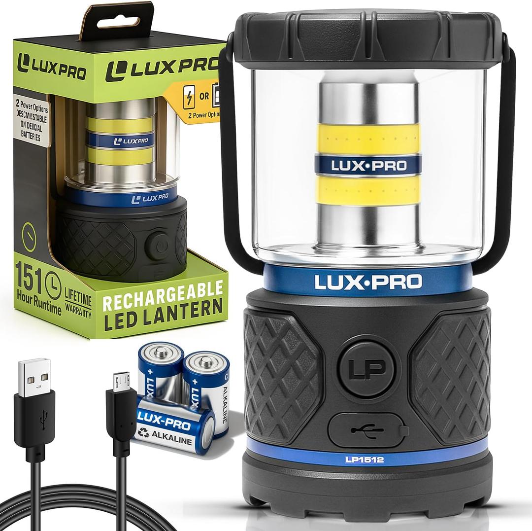 LUXPRO Rechargeable Dual-Power 1100 Lumen LED Lantern for Up to 150 Hours of Use - Camping Lantern with Built-in Power Bank - Dimmable LED Light with IPX4 Water-Resistant Rating (Camping Lantern)