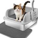 Stainless Steel Cat Litter Box, High Wall Kitty Litter Box for Small Cats, Metal Litter Box with Lid, Non-Sticky, Anti-Leakage, Easy Cleaning, Include Cat Mat and Scoop, 17.2"x13.2"x8.4"
