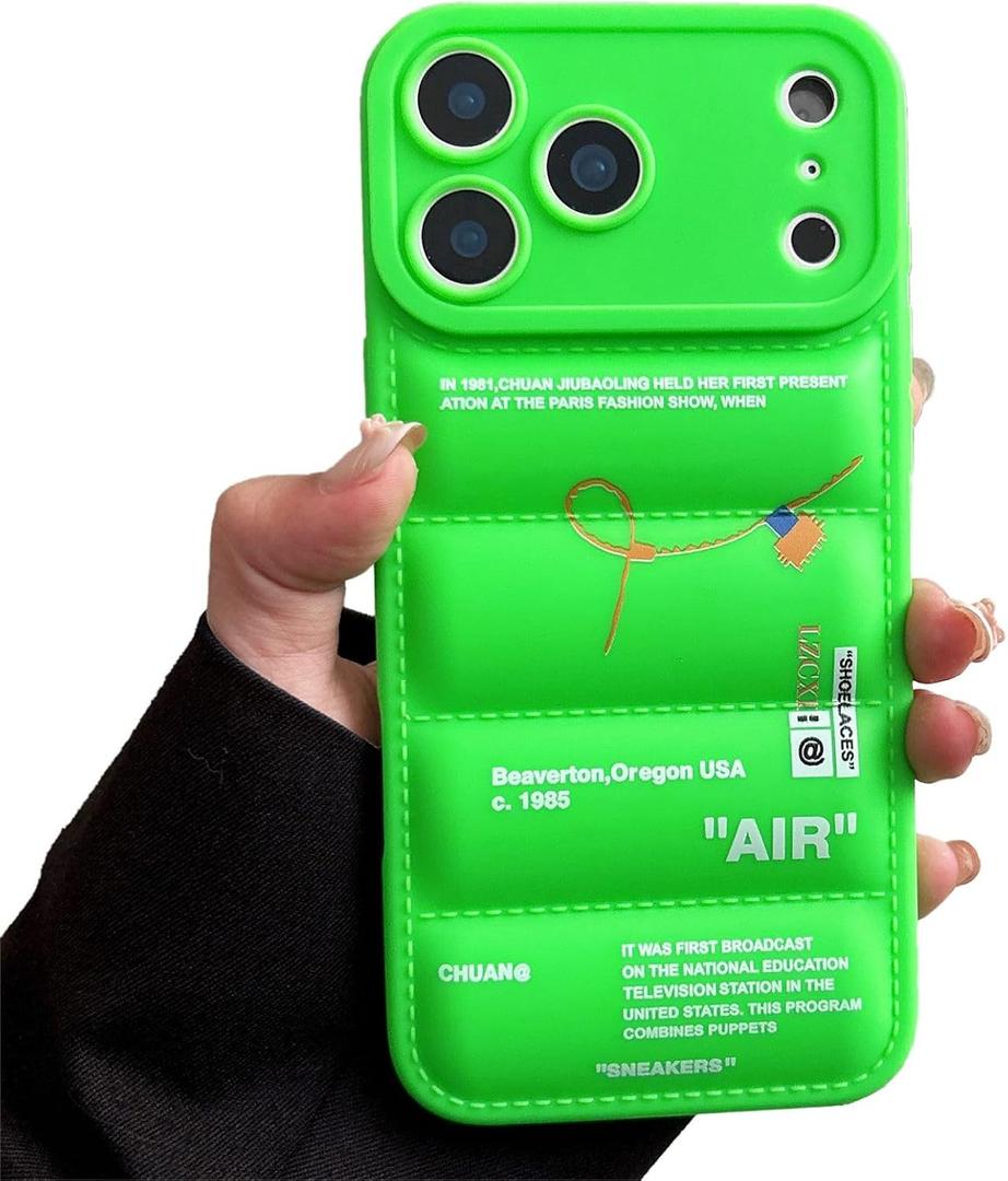 IAIYOXI Puffer Case with Sports Shoes Brand Design for iPhone 17 Pro Max,Sneakers Ins White or Black Label Soft Cover-Blue Puffy Cover for iPhone 17 16 15 14 13 12 11 Pro Max Plus XR (Bright Green)