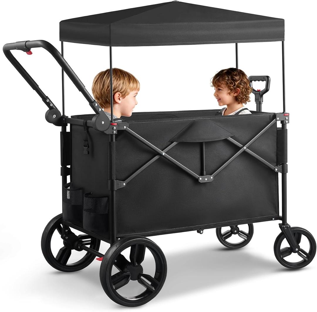 Wagon Stroller for 2 Kids, Baby Wagon Outdoor with Canopy, Collapsible with 5-Point Harnesses, Adjustable Handle & Pull Bar for Infants and Toddlers