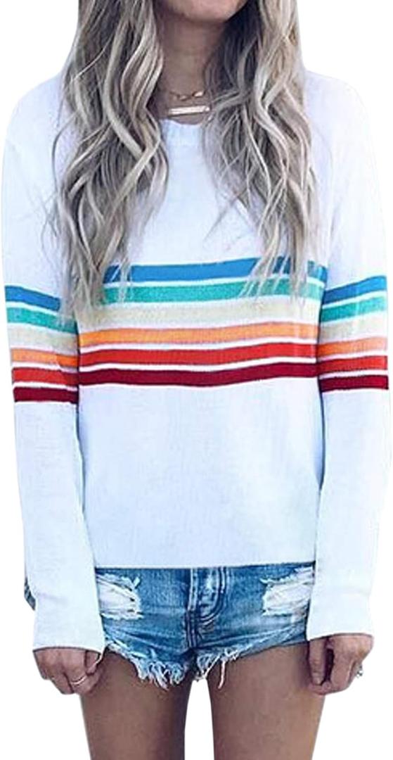 ECOWISH Women's Sweater Rainbow Colorful Striped Sweaters Long Sleeve Crew Neck Color Block Casual Pullover Blouse Tops (Large, 01 White)