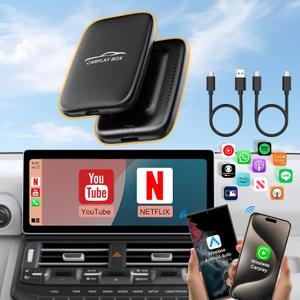 2025 Upgraded Wireless Carplay and Android Auto Dongle Support Netflix /YouTube, CarPlay Ai Box with USBA-C and USBC-C Cable for iPhone Android,Convert Wired to Wireless Car Play Stream to Your Car, Black