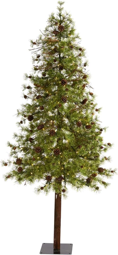 Nearly Natural 7ft. Wyoming Alpine Artificial Christmas Tree with 200 Clear (Multifunction) LED Lights and Pine Cones on Natural Trunk