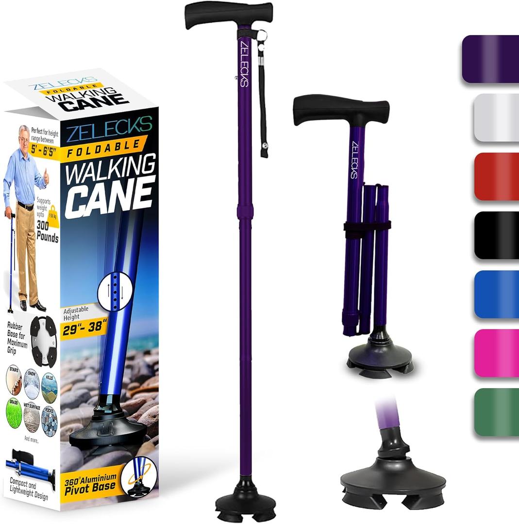 Walking Cane for Women & Men - Self Standing Adjustable Folding Cane with T Handle and 360 Pivot Base - Lightweight Foldable Walking Stick for Seniors - Collapsible Cane for Walking