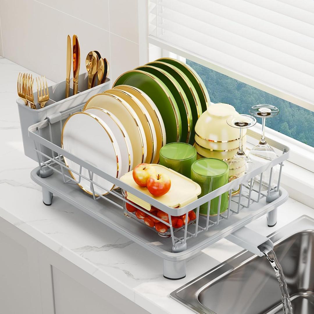 Dish Drainer Rack with Drip Tray, Sink Dish Drainer with Drainage Spout, Stainless Steel Dish Drying Rack with Cups, Utensil & Cutting Board Holders for Kitchen Counter Space-Saving, Grey (Gray)