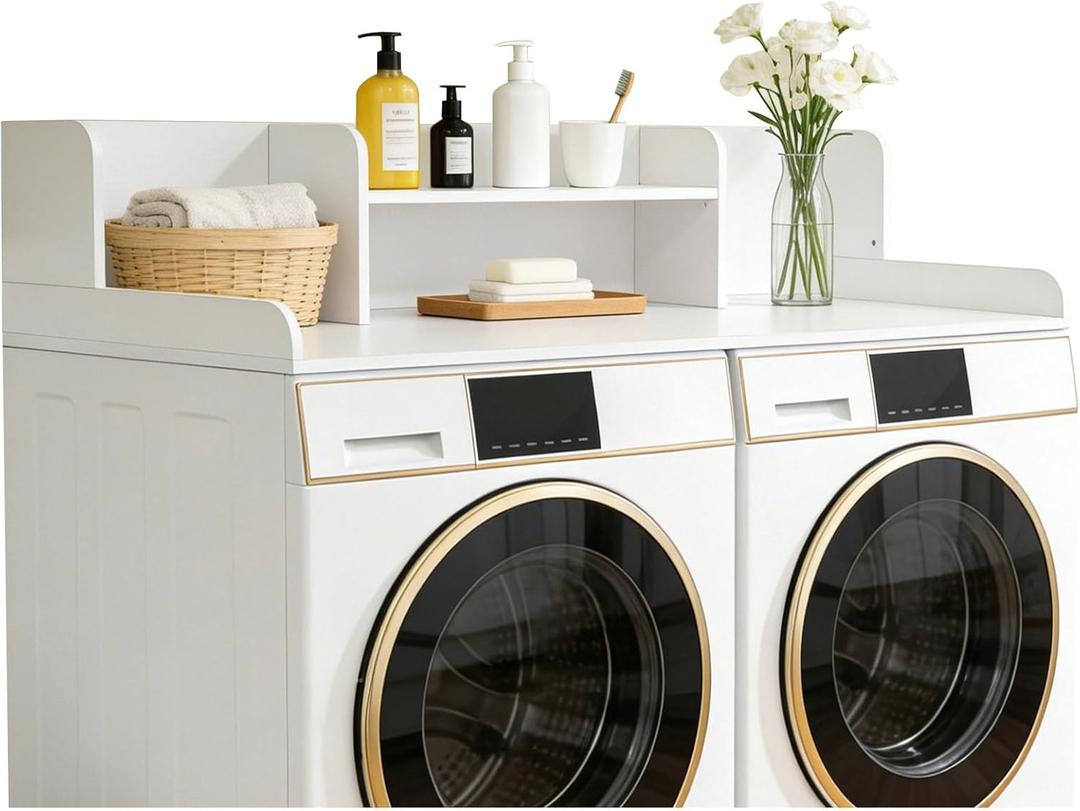 2-Tier Washer Dryer Countertop with Center Shelf and 3 Compartments, Laundry Topper with Edge and Non-Slip Pad for Laundry Room Organization and Storage, 27.6"x53.9", White
