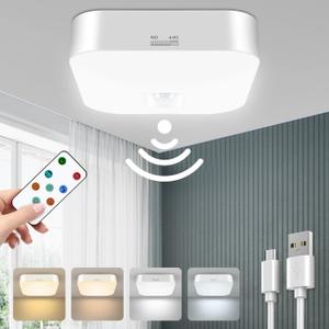Motion Sensor Rechargeable Ceiling Light Indoor with Remote, Wireless Battery Operated Rechargeable Sensor Light for Closet, Garage, Hallway, 3000K-6000K Battery Powered Shower Lights (Multicolor)