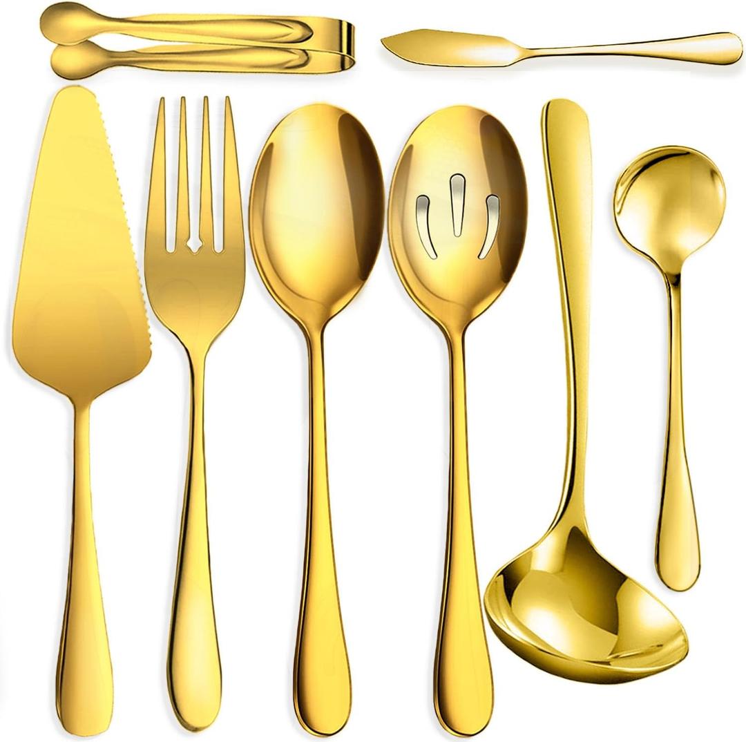 8 PCS Stainless Steel Serving Utensils, Large Serving Spoons Slotted Spoons, Forks, Ice Sugar Tongs, Cake Server, Soup Ladle, Metal Utensils Set Great for Buffet Catering Banquet Party, Gold