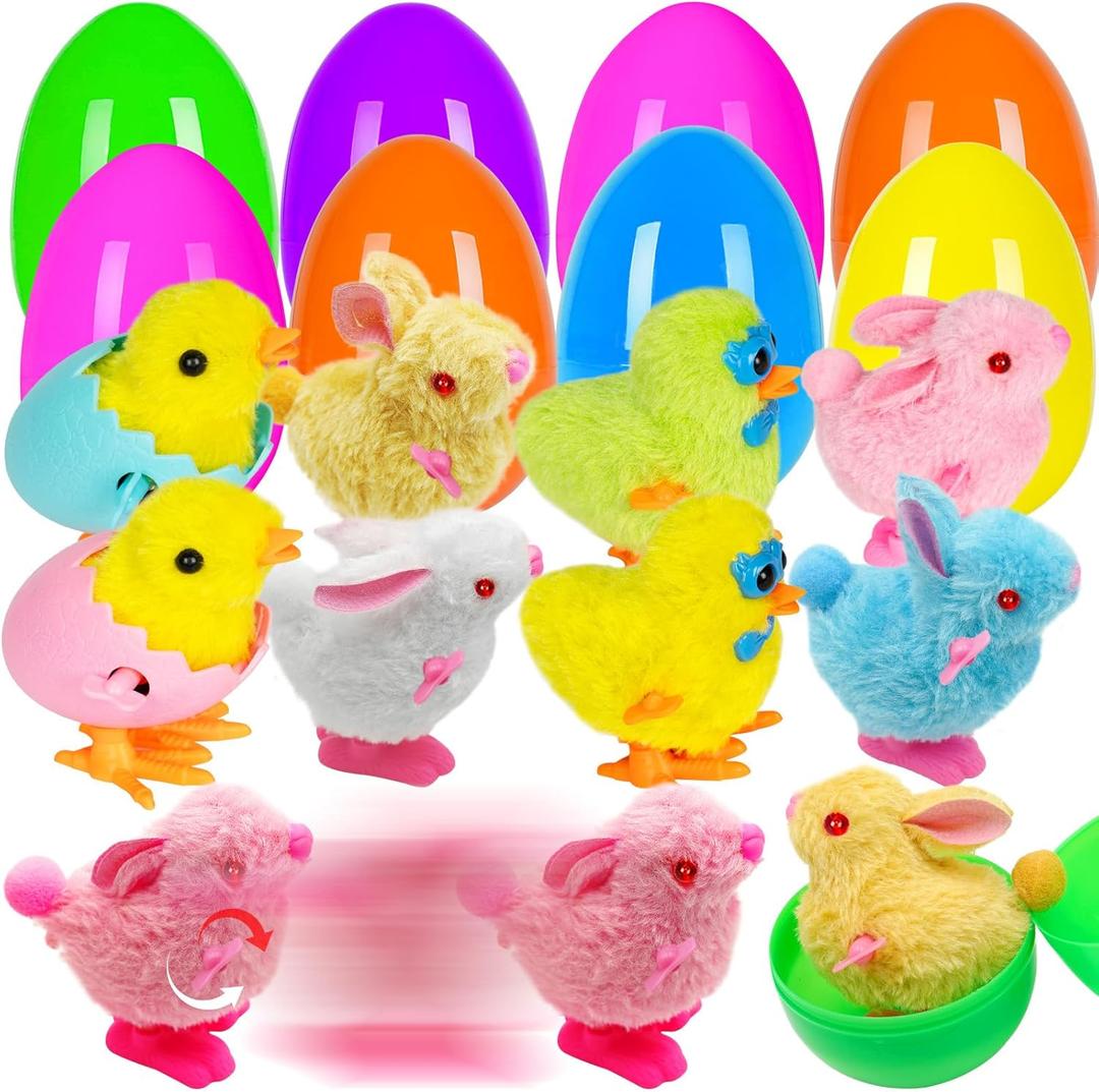 8 Pack Jumbo Easter Eggs Filled with Wind-Up Toys, Plush Chicks and Bunnies, Prefilled Easter Eggs for Kids Easter Hunt, Basket Stuffers, Party Favors and Classroom Prizes
